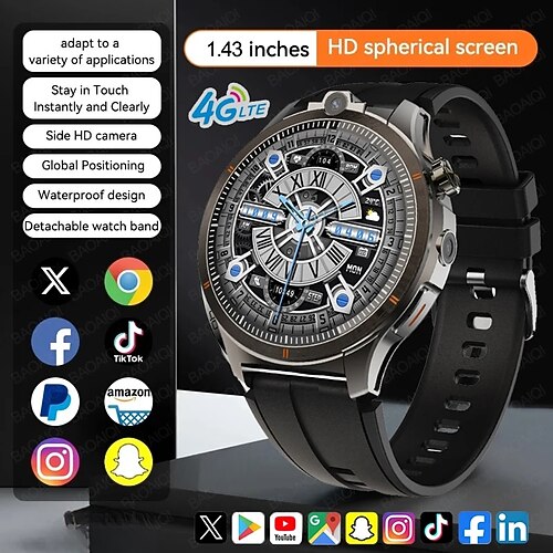 LW9 Smartwatch 1.43 Zoll Smartwatch Fitnessuhr Bluetooth 4G Temperaturüberwachung Schrittzähler Anruferinnerung Kompatibel mit Android iOS Herren GPS Langer Standby Freisprechanrufe IP68 22mm