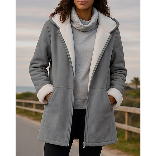 Damen Kapuzenjacke Jacke mit Reißverschluss Fleecemantel Dick Mit Taschen Langarm Oberteil Athleisure Herbst Winter Einfarbig Winddicht Warm Wandern Reise Urlaub Sportbekleidung Sportkleidung Schwarz Image