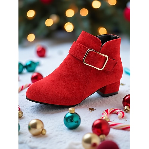 Rote Wildlederstiefeletten für Mädchen mit Schnallenriemen – stylische Weihnachtspartyschuhe mit mittlerem Absatz für festliche Kinderoutfits Image