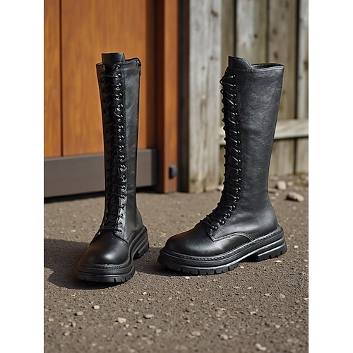 Weiße kniehohe Schnürstiefel für Damen mit dicker Sohle – stylisch und vielseitig für Freizeit- oder Straßenmode Image