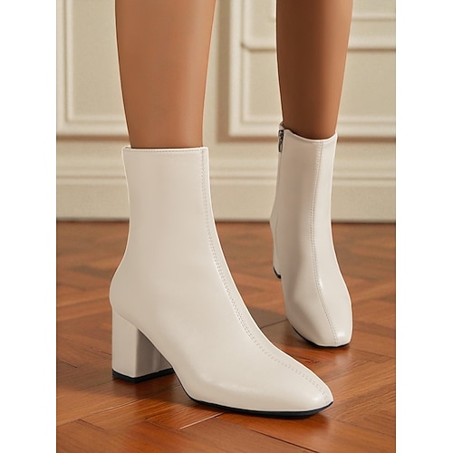 Weiße Damenstiefeletten aus Kunstleder – modische Stiefeletten mit Blockabsatz und seitlichem Reißverschluss für Freizeit-, Arbeits- und Alltagsoutfits Image