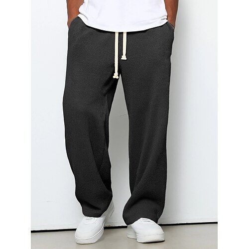 Herren Gerade geschnittene Sweatpants Waffelhose Kordelzug Rautenmuster Atmungsaktiv Volle Länge Lässig Täglich Glatt Dunkelbraun Schwarz Mikroelastisch Image