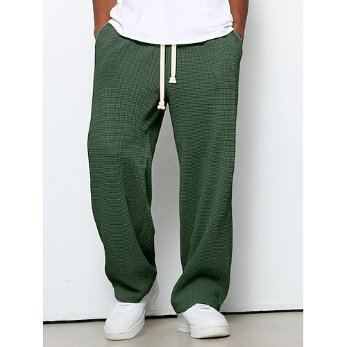 Herren Gerade geschnittene Sweatpants Waffelhose Kordelzug Rautenmuster Atmungsaktiv Volle Länge Lässig Täglich Glatt Dunkelbraun Schwarz Mikroelastisch Image