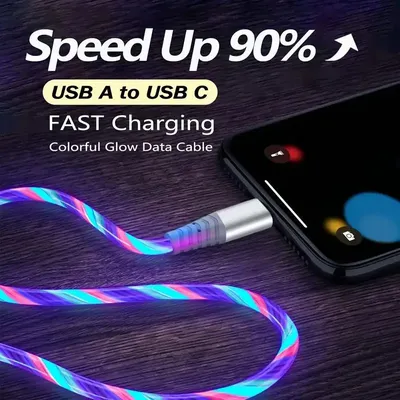 Flow Luminous Glowing LED Light Charger Data Cable 6A Fast Charging Data Cord For Samsung Xiaomi IPhone USB C Micro Wire Cable