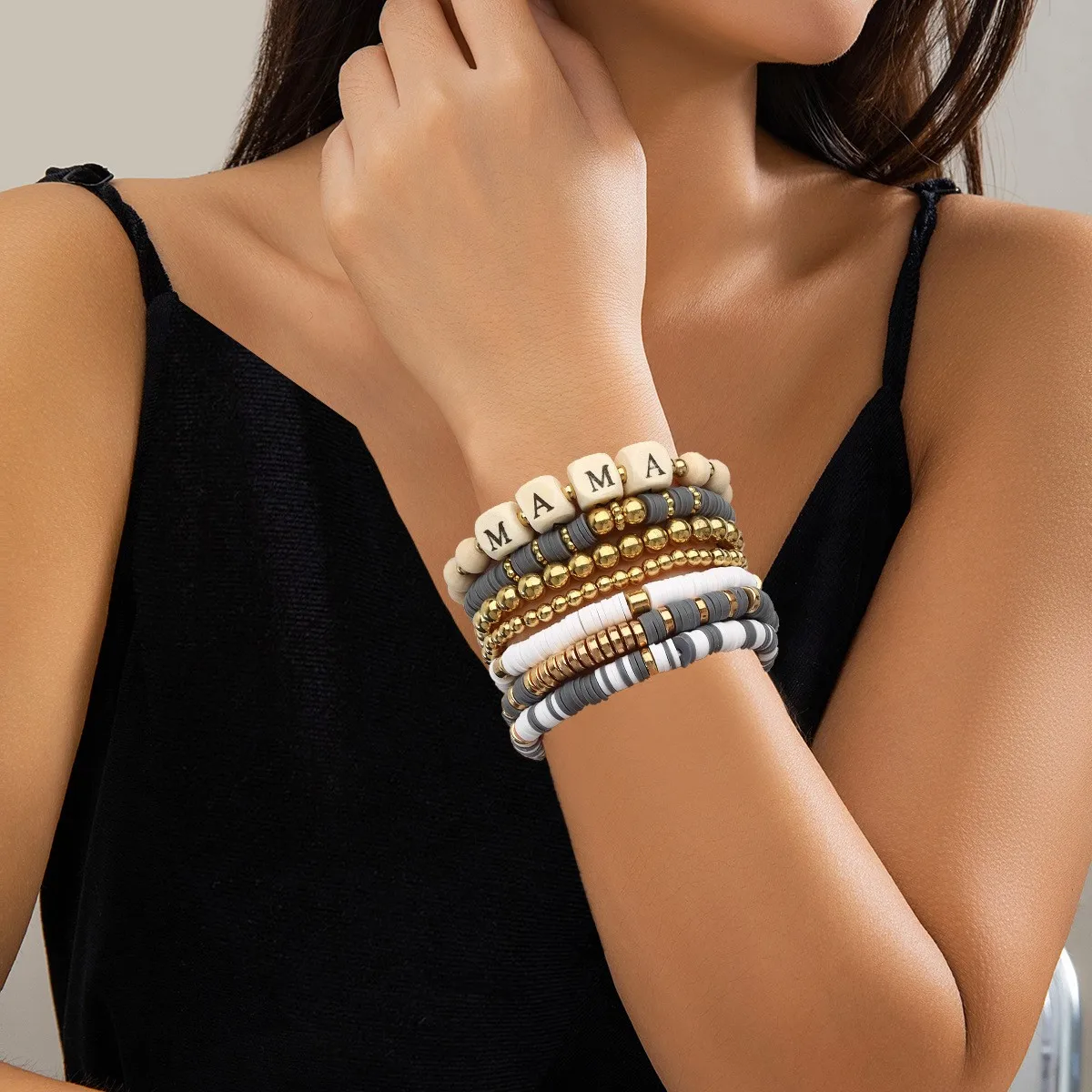 7pcsbohemian m ein Holz perlen armband Perlen Ton Armband Set elastisches Armband Set Image