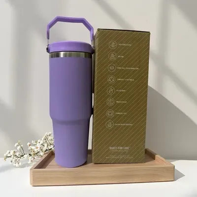 1pc Vacuum Tumbler with Lid Stainless Steel Portable Water Bottle with Dazzling Handle Insulated Tumbler Tote Handle 30OZ