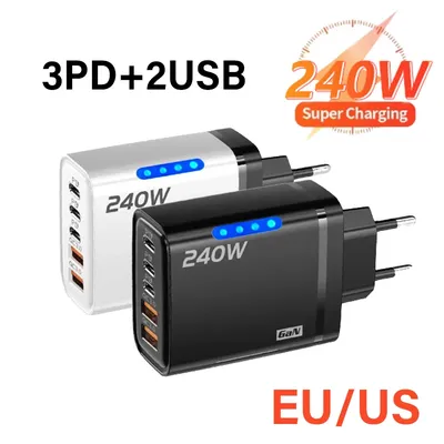 240W Fast Charger 5 in 1 GaN Desktop Charger USB Type C Charger Fast Charging Quick Charge 3.0 Adapter For iPhone Samsung Huawei