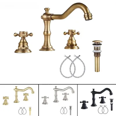 Widespread Bathroom Sink Faucet 3 Hole Deck Mounted Dual Handle Hot Cold Water Mixer Tap Brush Nickel Chrome Finished