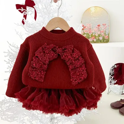 Girls' sweater set for autumn and winter new sweet and fashion children's New Year's goods tutu skirt two-piece set