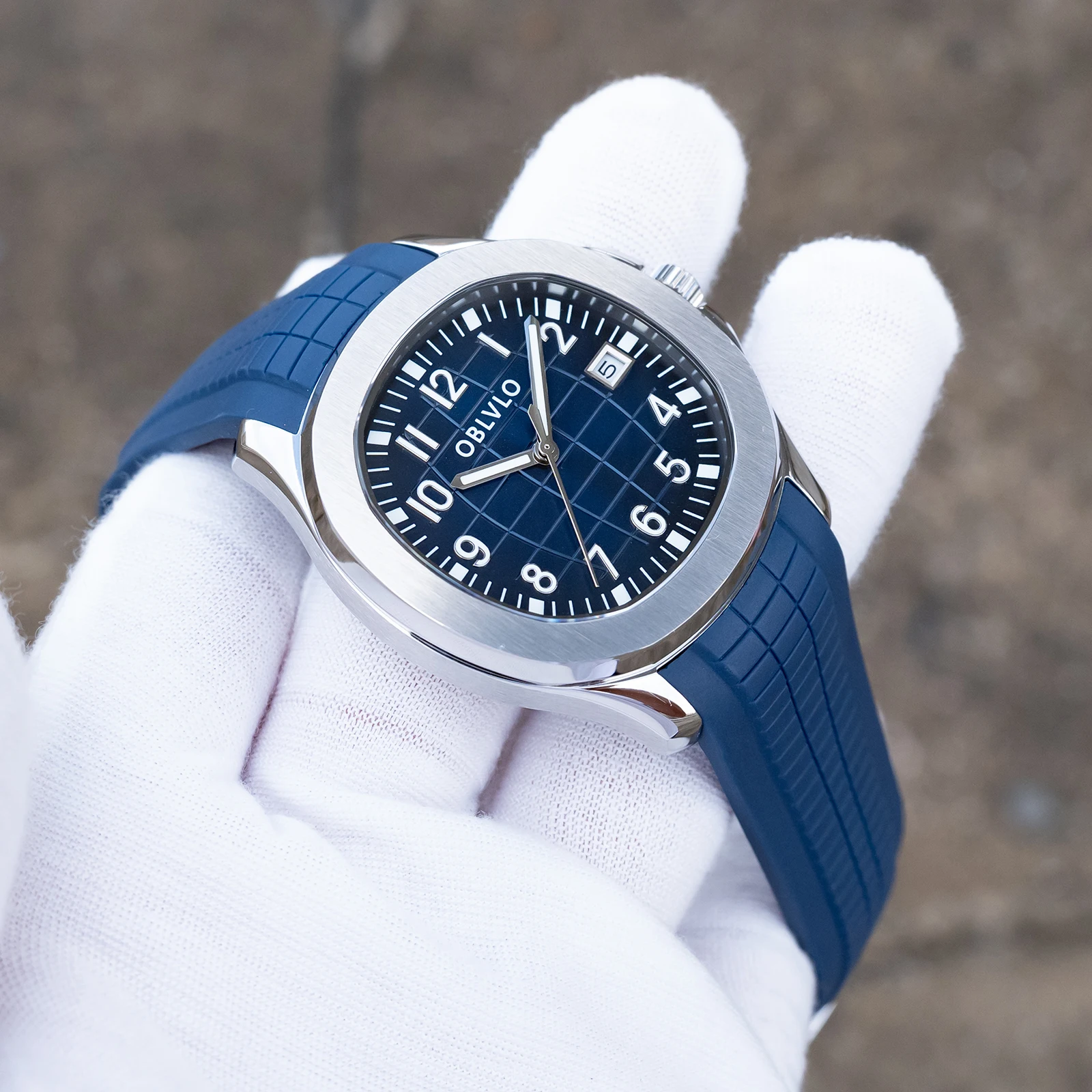 OBLVLO Designer Sport mechanische Automatikuhr, blaues Zifferblatt mit Datum, leuchtendes Gummiband, Freizeituhren FM-SL Image