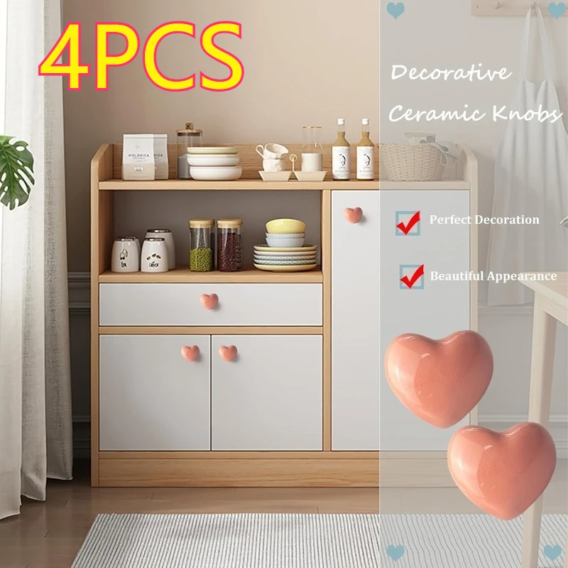 4 Stück Keramik-Schubladenknöpfe, Herz-Waschtischgriff, dekorativer Schubladenknopf, für Schrank, Kleiderschrank, rosa Image