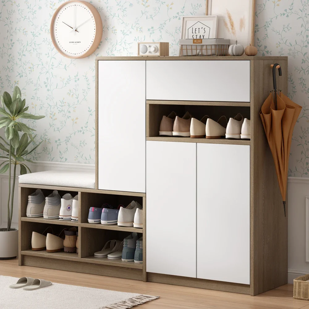 Schuhschrank, Schuhbank, Schuhregal mit gepolstertem Sitz, vielseitige Schuhaufbewahrungslösung mit Regalen für den Flur 140*35*110 cm Image