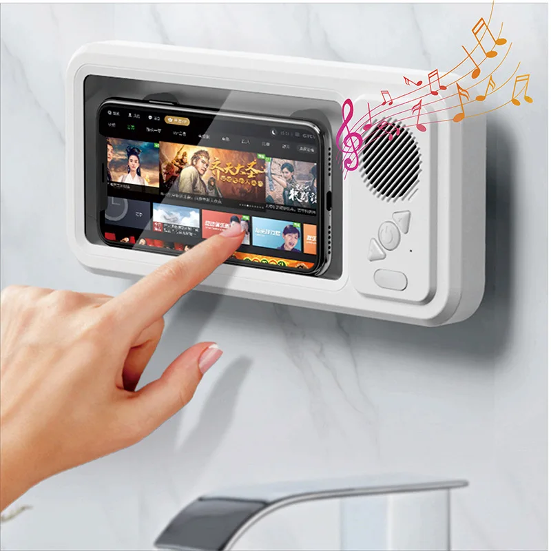 Nuovo supporto per telefono con altoparlante impermeabile montato a parete per supporto per telefono da bagno con touch screen senza soluzione di continuità Sistema doccia musicale Bluetooth
