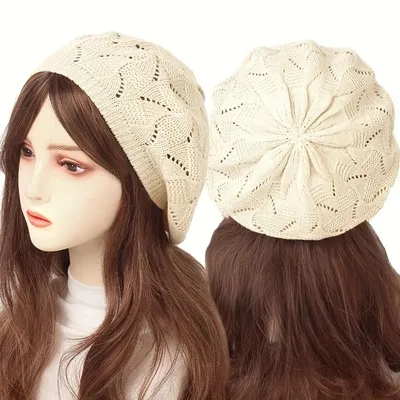 Women's Plain Color Knit Beret Hat Ladies French Artist Beanie Beret Hats Spring Casual Thin Acrylic Berets for Women