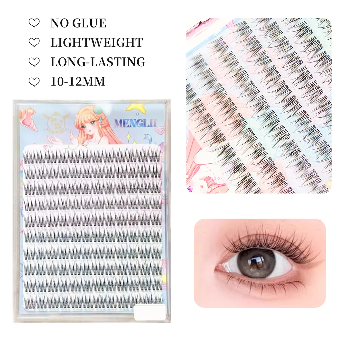 Selbstklebende Falsche Wimpern-Cluster mit klarem Band, wiederverwendbar, kein Kleber erforderlich, für stressfreie, schnelle Wimpernanwendung im täglichen Gebrauch Image