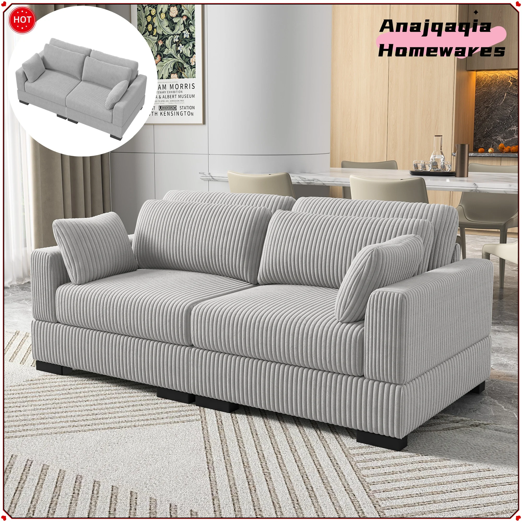 Anajqaqia Polstersofa, aus Cordstoff mit abnehmbaren Kissen und Rückenlehnen, modernes Couch mit breiten Armlehnen, Grau Image