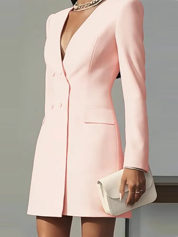 Mode Pendeln Taste Blazer Kurzes Kleid Herbst frauen Sexy V-ausschnitt Solide Party Kleid Frühling Elegante Lange Hülse Dünnes Kleid Image