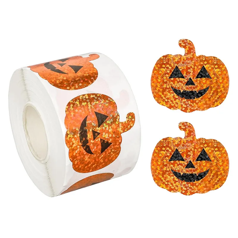 500 Blatt/Rolle Kürbis-Aufkleber, selbstklebende Halloween-Laser-Aufkleber, Partygeschenke, Festival, Sammeln, DIY-Dekorationszubehör, TMZ Image