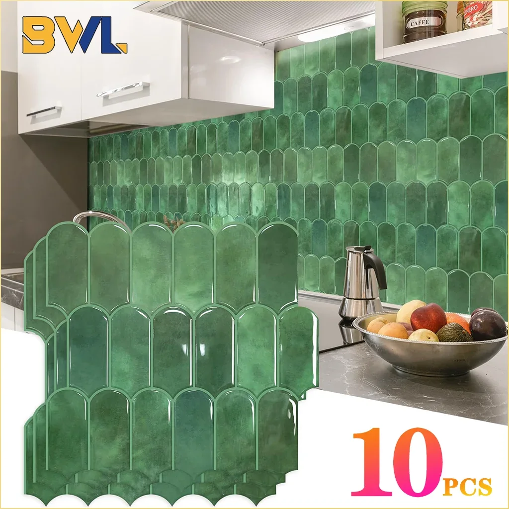 10 Stück selbstklebende 3D-Wandaufkleber, Fischschuppen, PVC-Fliesen, wasserdicht, schimmelresistent, für Küche, Badezimmer, Backsplash-Dekoration