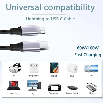 100W PD USB C to USB / USB C to USB C / USB C to Lightning Cable, Aluminum Alloy Braided Fast Charging Data Cabl For phone etc