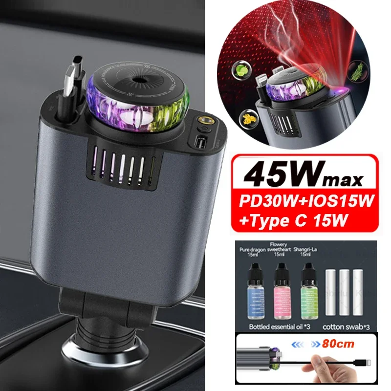 5-in-1-Auto-Aromatherapie-Diffusor für ätherische Öle, Sternenlicht, 45 W, einziehbares Telefon-Ladegerät mit IOS Typ C PD30W-Kabel für iPhone Image