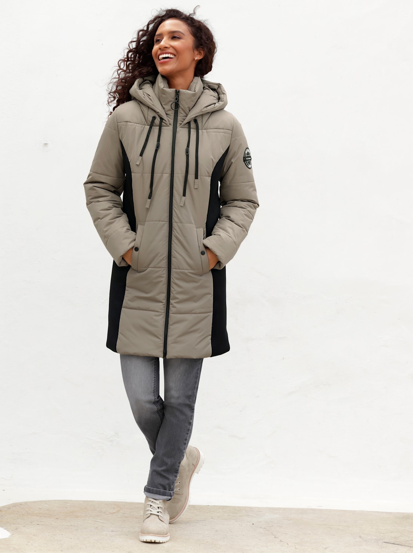 Langjacke HEINE, Damen, Gr. 40, grau (taupe), 100% Polyester, Besatz:95% Polyester, 5% Elasthan, Wattierung:100% Polyester, unifarben, Jacken