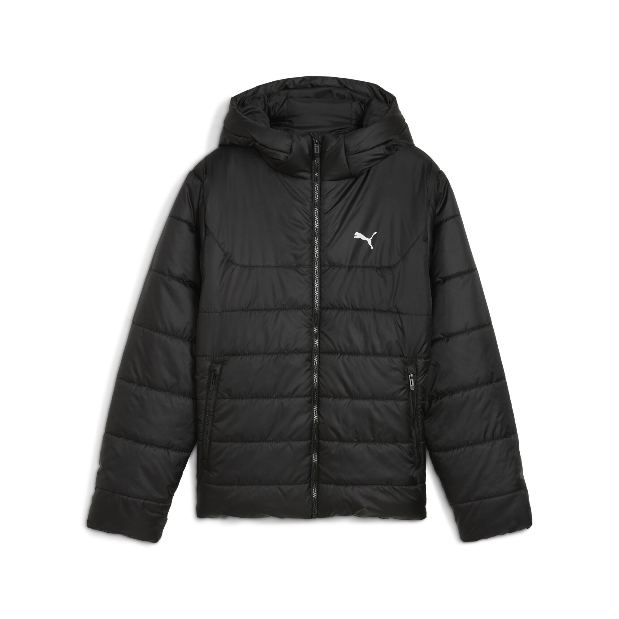 Winterjacke PUMA "Essentials Wattierte Kapuzenjacke Jugendliche", Kinder, Gr. 128, schwarz, Obermaterial: 100% Polyester; Futter: 100% Polyester; Füllung: 100% Polyester; Seitentasche – Unten: 100% Polyester, Jacken Image