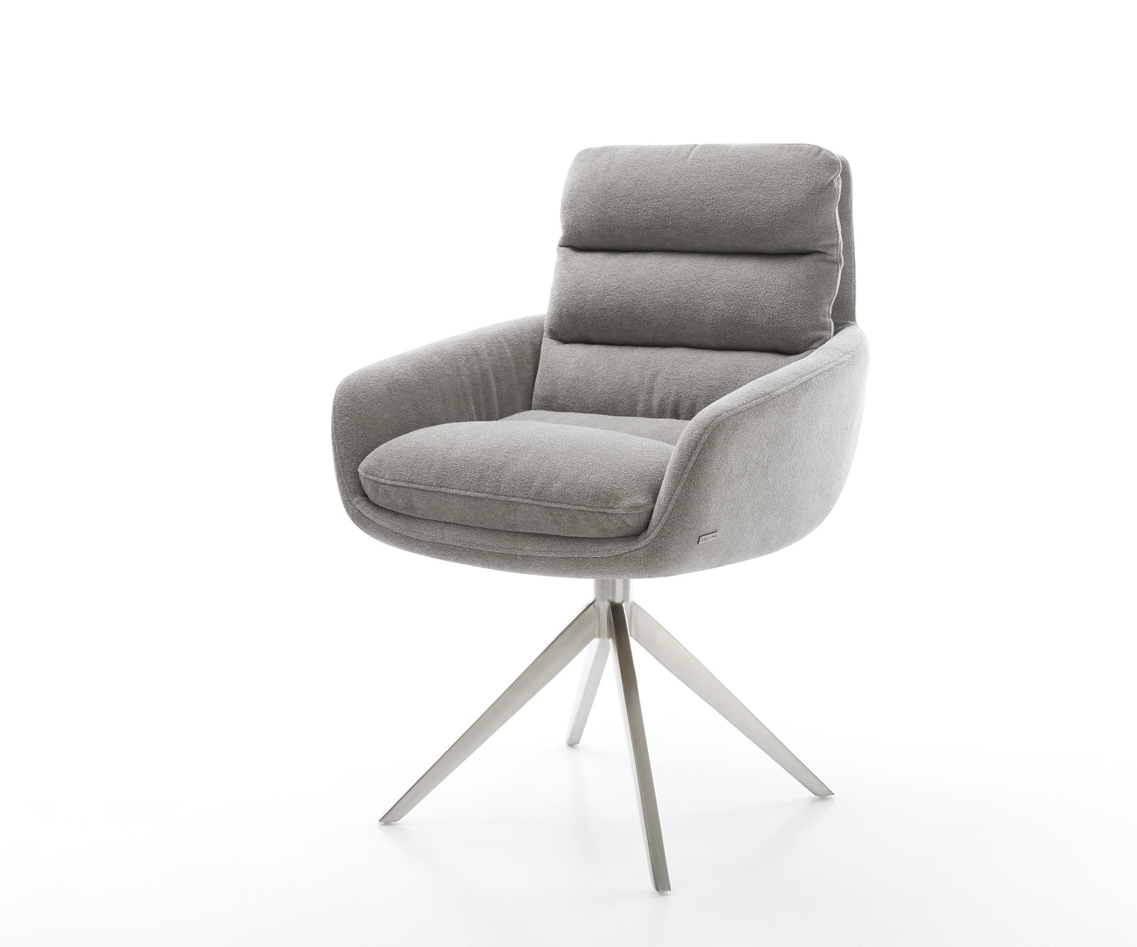 DELIFE Drehstuhl Abelia-Flex mit Armlehnen Strukturstoff Soft Grau Kreuzgestell breit Edelstahl 360° drehbar Wippfunktion, Esszimmerstühle