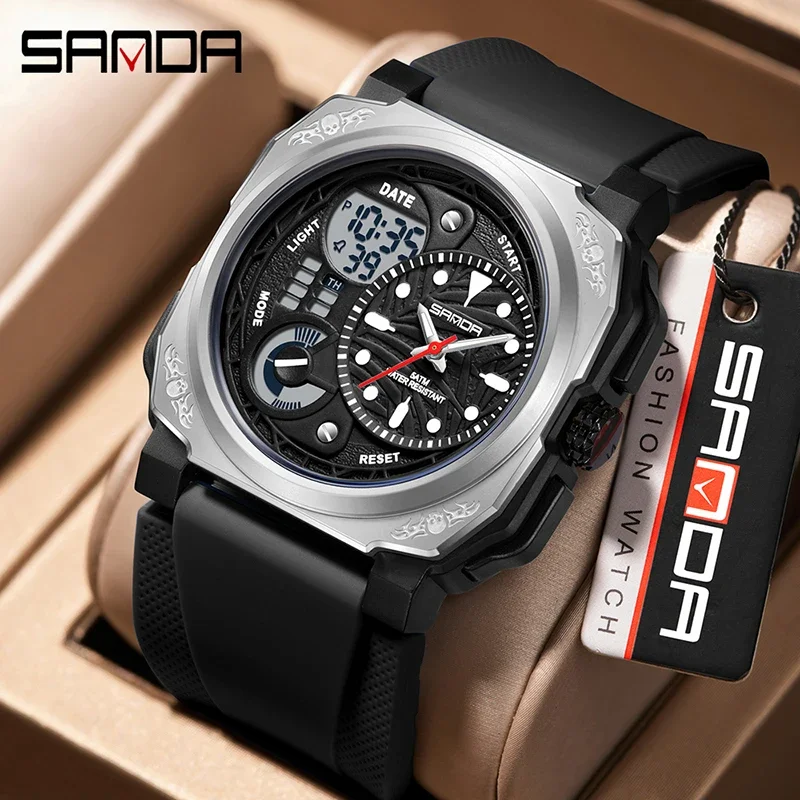 SANDA Quarz Outdoor Militär Sport Herren Elektronische Uhr Stoppuhr Wecker Dual Display Multifunktions Herren Armbanduhr Image