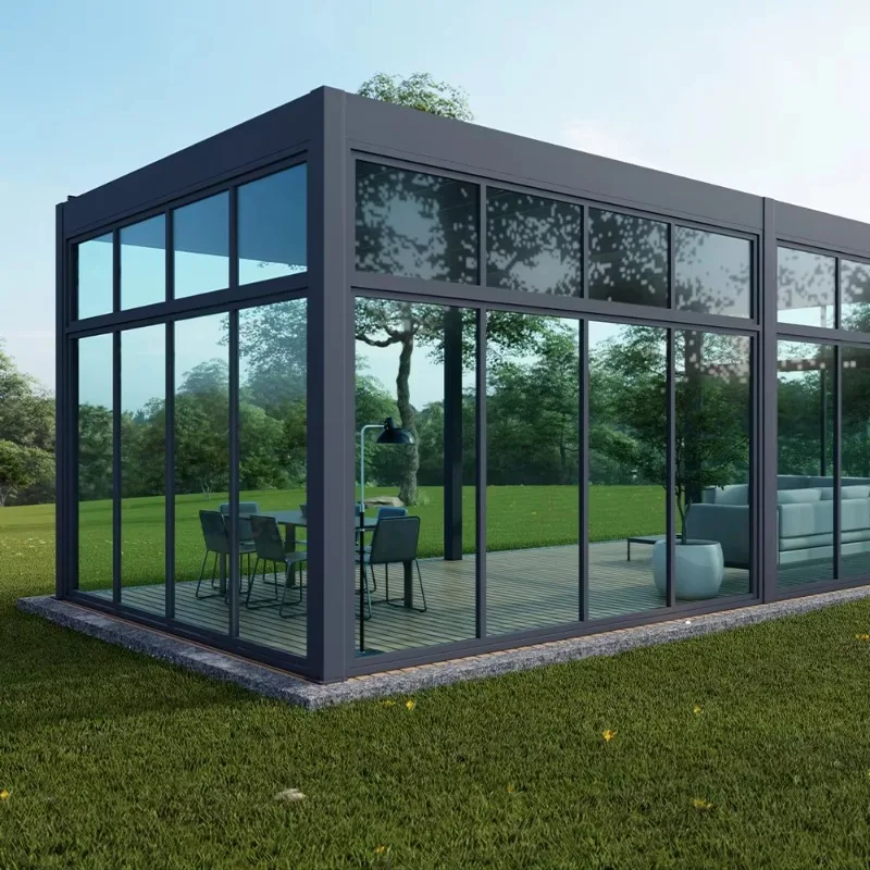 Outdoor-Eckhalterung aus Aluminium, äußere Glasschiebetür, äußere Teleskop-Balata-Pergola Image
