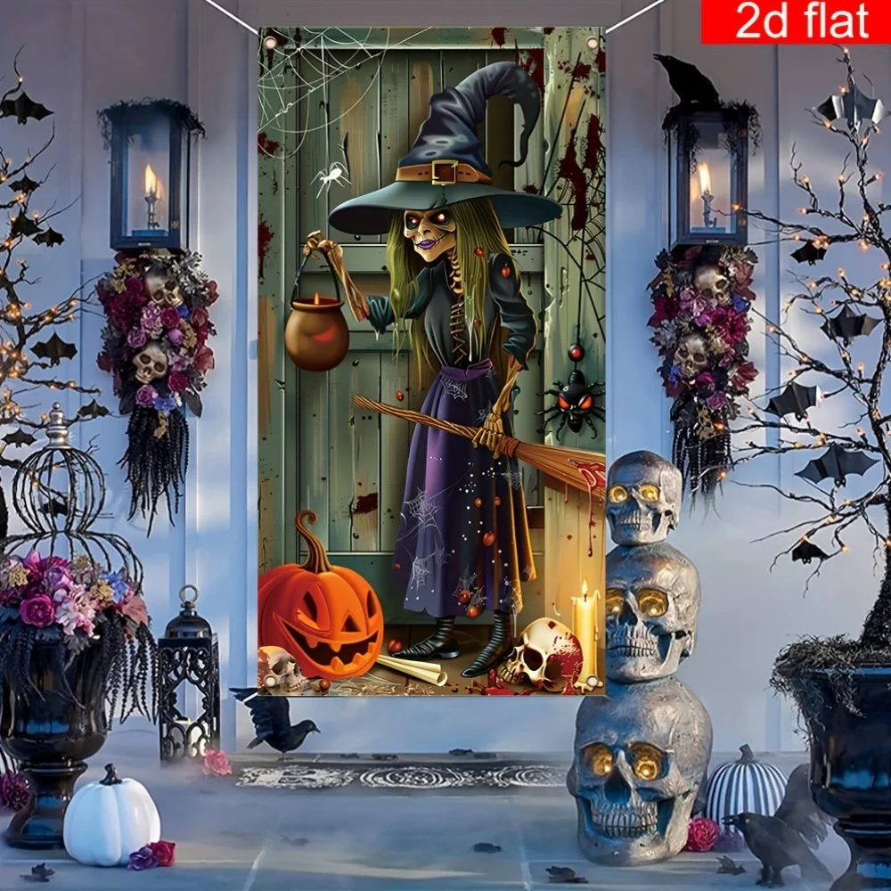 2D-Flachbanner, 1-teilig, Happy Halloween-Banner-Dekoration, Polyester, schrecklicher Halloween-Hintergrund für böse Hexe Image