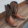 Vintage Stickerei Herren Cowboystiefel High Top Motorradstiefel Herren Schuhe Mode Karree Warme Stiefel