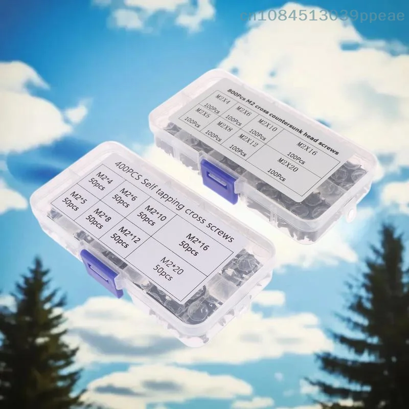 400/800 Stück/1 Set M2 schwarze selbstschneidende Schrauben-Sortiment-Set, Feststellschrauben und Holzschrauben Image