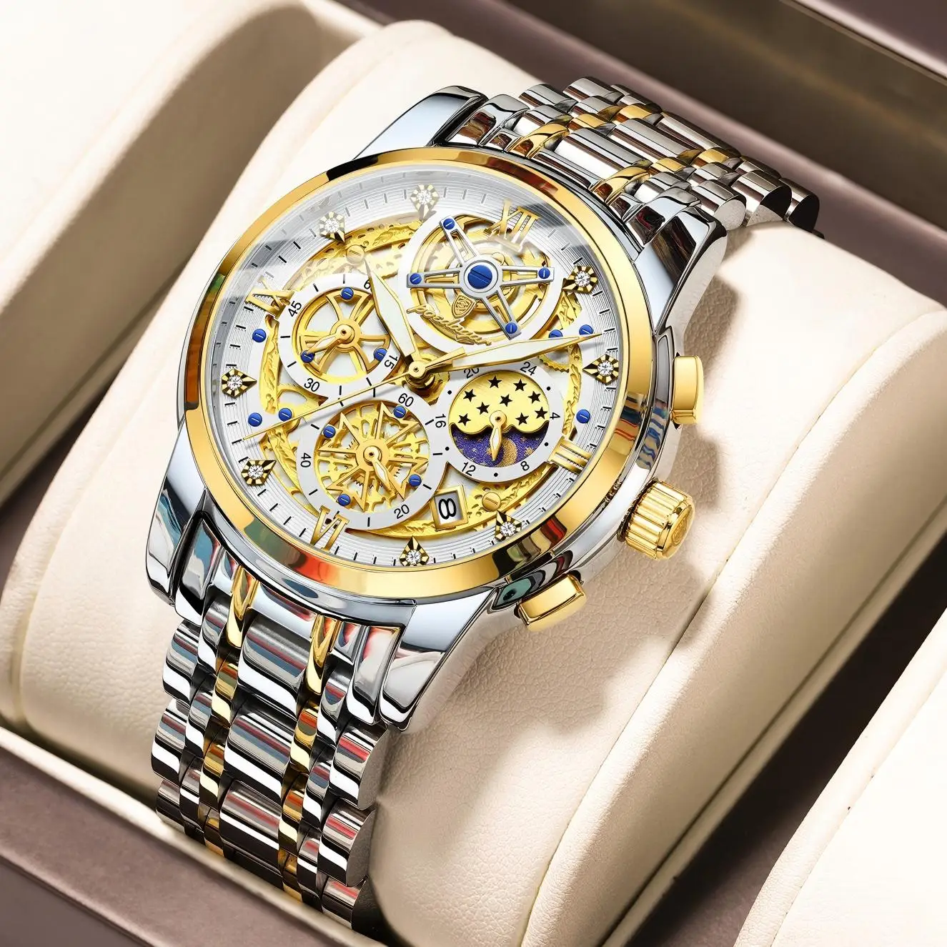 POEDAGAR Top Mode herren Uhren Edelstahl Datum Chronograph Business Quarz Männer Armbanduhr Wasserdicht Leucht Mann Uhr Image