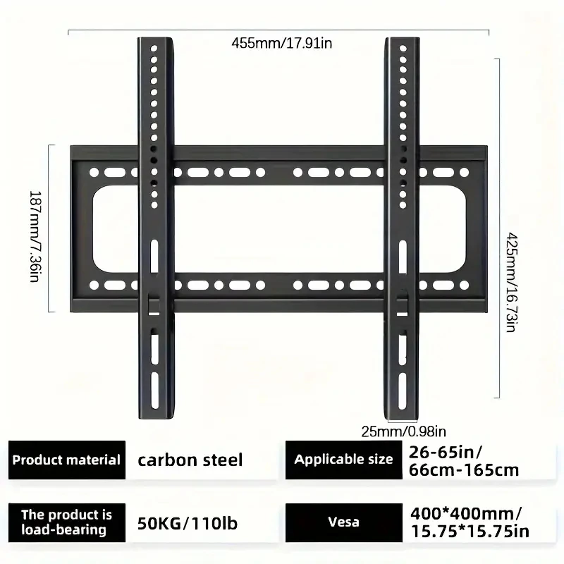 Universelle TV-Wandhalterung für die meisten 26–65-Zoll-LED-Plasma-TV-Halterungen bis zu VESA 400 x 400 mm und 110 Pfund Tragfähigkeit Image