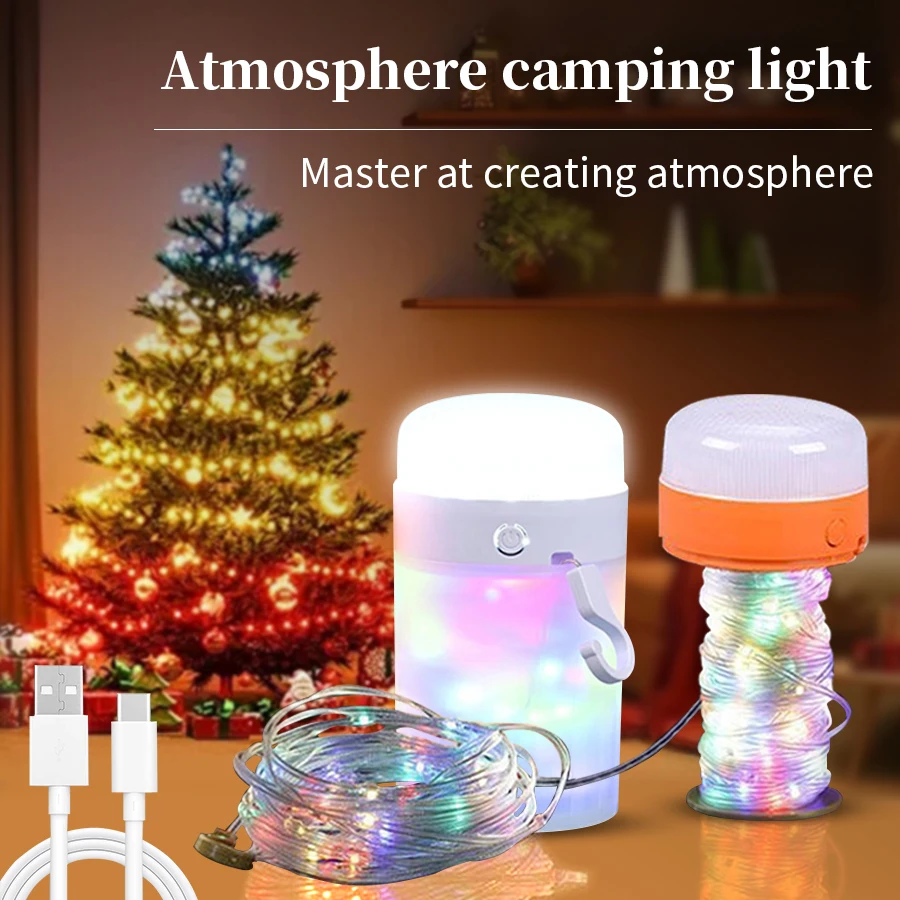 3-in-1 Camping-Lichterkette, wiederaufladbar, Zeltlicht, zum Aufhängen, wasserdicht, tragbar, LED-Atmosphärenlicht für den Außenbereich, Markise, Garten Image