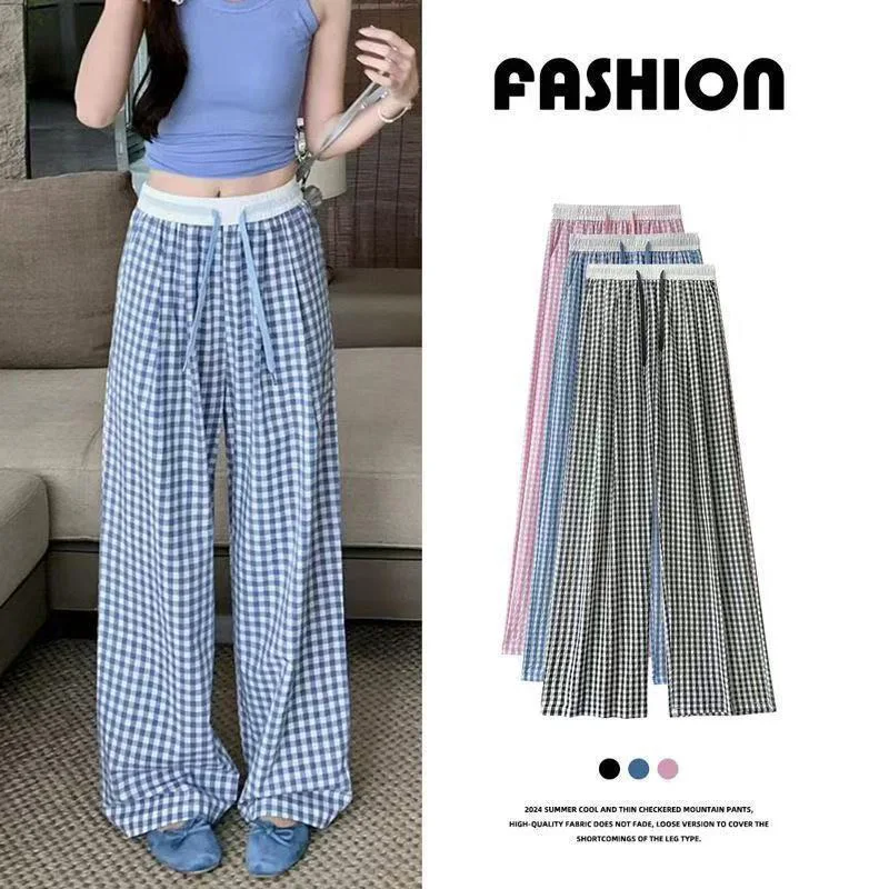 Frauen Breite bein Plaid Hosen Sommer Elastische Taille Gerade Lange Lose Hosen Casual Weibliche Weiche Hosen Grundlegende Lange Hosen Image