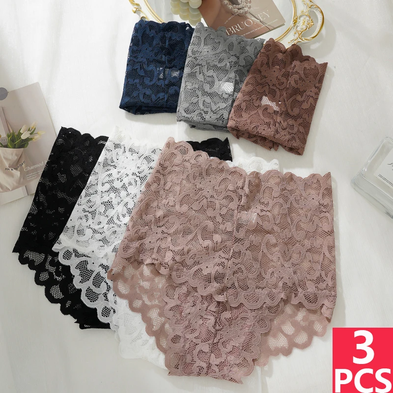 3PCS Sexy Einfarbig Spitze Nahtlose Hohe Taille Höschen Modische Damen Mesh Atmungsaktive Baumwolle Schritt Slips Image