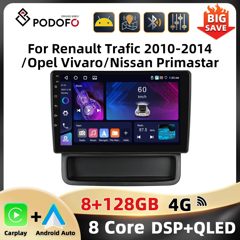 Podofo 10,1'' 8Core Car Audio für Renault Trafic 2010-2014/Opel Vivaro/Nissan Primastar Carplay Android Auto Qualcomm DSP RDS Image