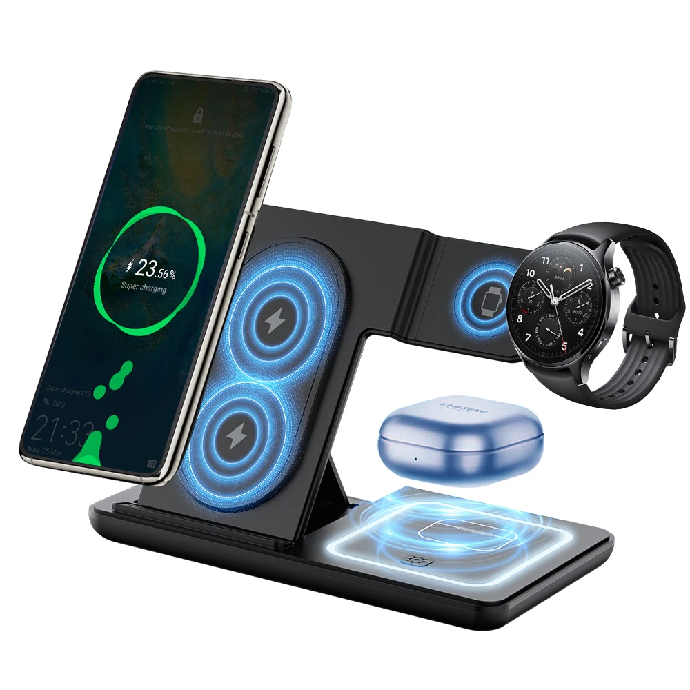 Supporto per caricabatterie wireless pieghevole con luce LED 3 in 1 per Samsung S24 S23 Galaxy Watch 2-8 Active 1 2 Buds Pro Stazione di ricarica rapida