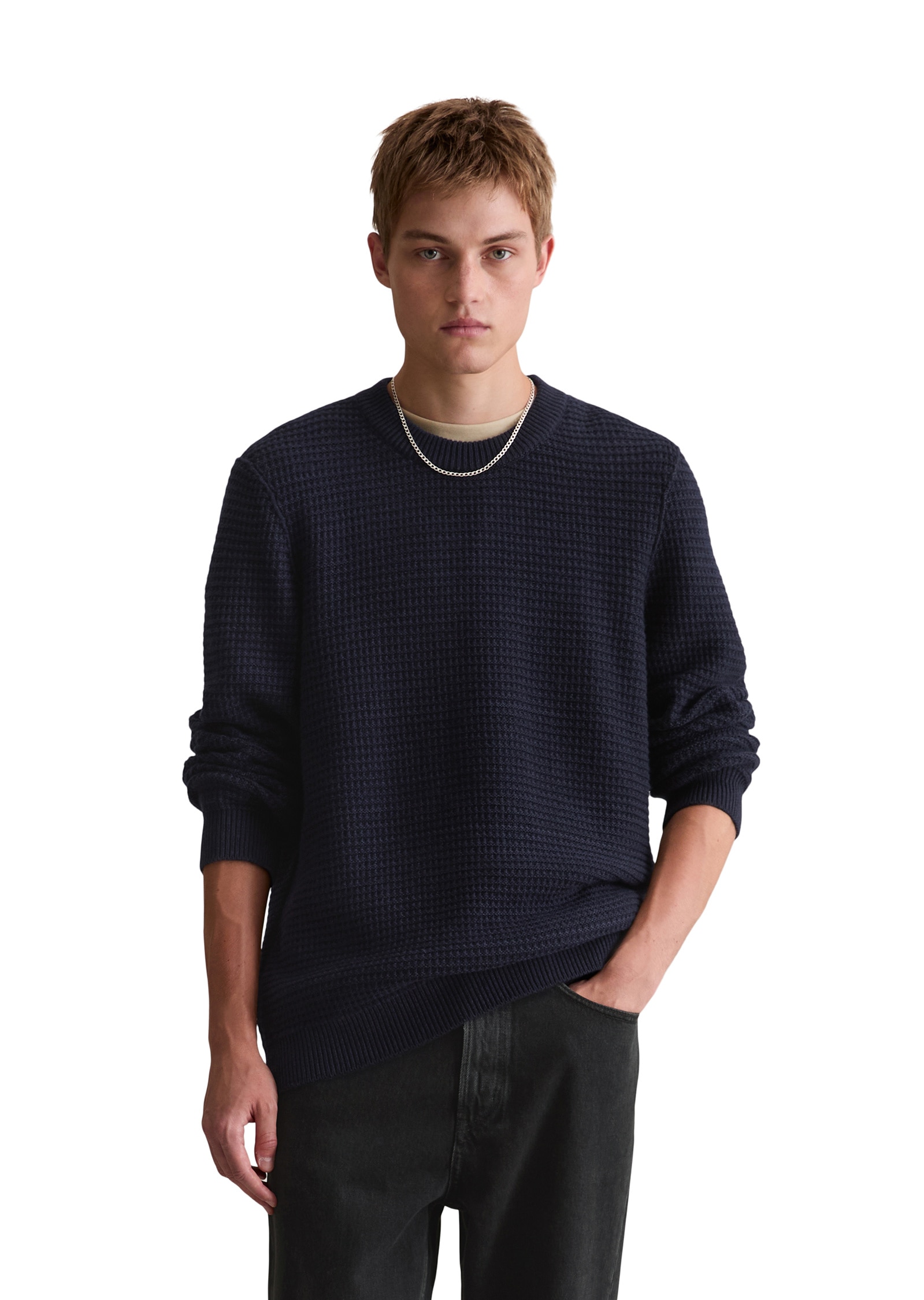Rundhalspullover MARC O'POLO DENIM "mit markanter Struktur", Herren, Gr. M, blau depths, Obermaterial: 46% Baumwolle, 43% Schurwolle, 11% Polyamid, unifarben, Rundhals, Pullover Image