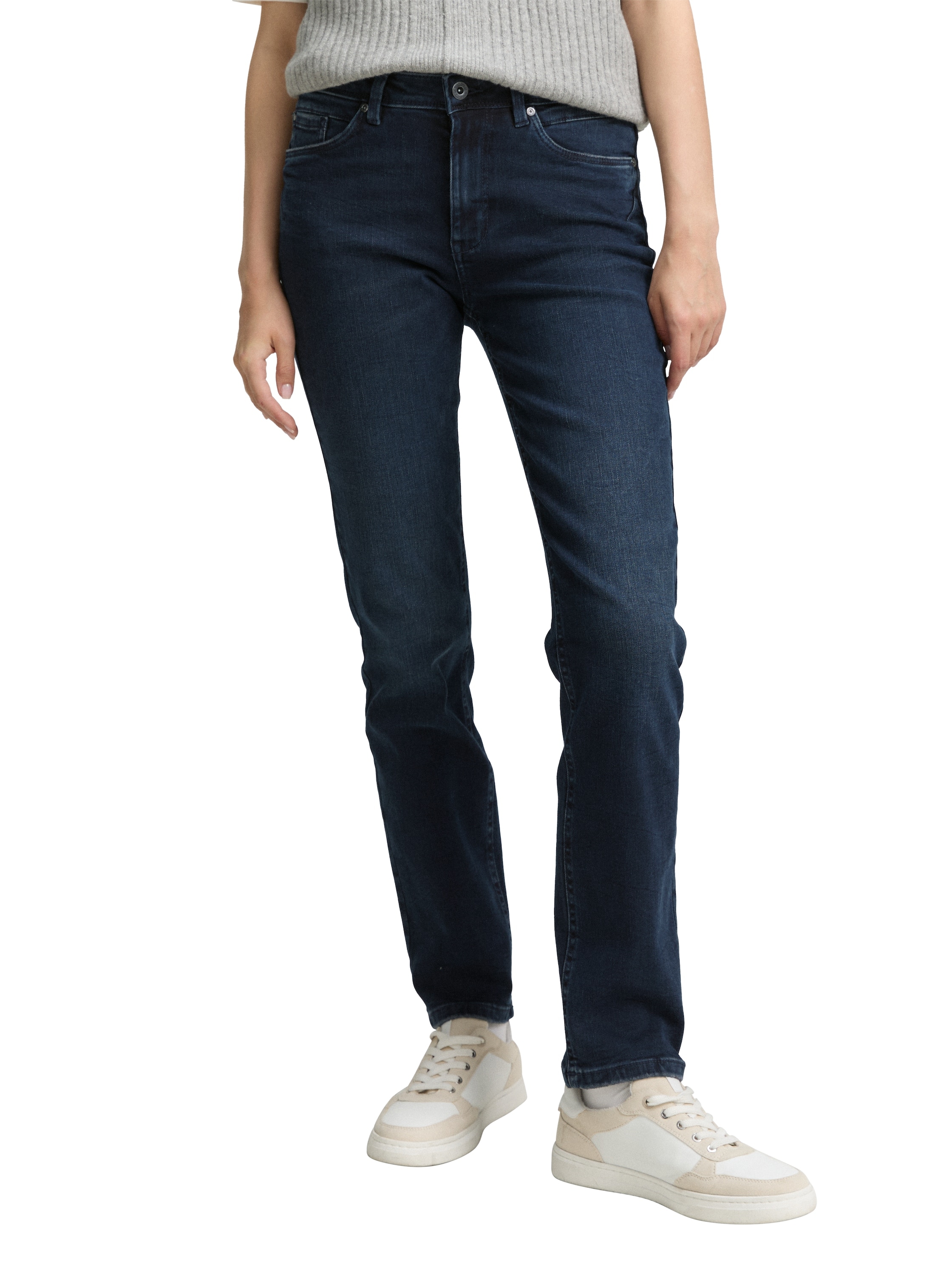 Straight-Jeans TOM TAILOR "Style ELVA", Damen, Gr. 27, Länge 34, blau (blau schwarz denim), Denim/Jeans, Obermaterial: 92% Baumwolle, 6% Polyester, 2% Elasthan. Futter: 65% Baumwolle, 35% Polyester, unifarben, straight fit lang, Jeans...
