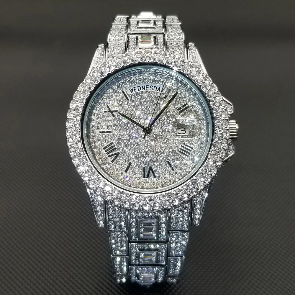 Datum Tag Diamant Uhr Für Männer Luxus Edelstahl Street Style Ice Out Armbanduhr Hip Hop Silber Bling Wasserdichte Uhr Geschenk