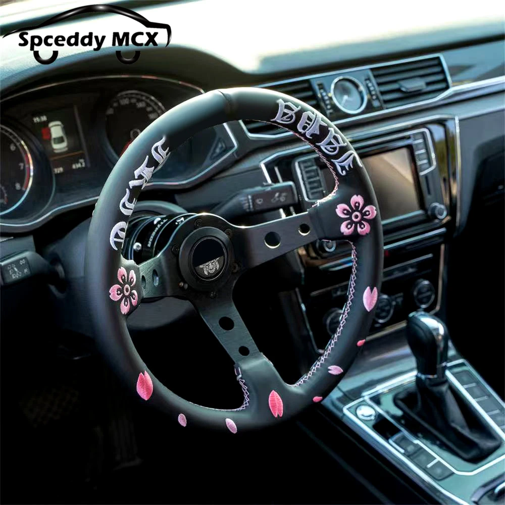 JDM 12,5 Zoll 13 Zoll 320 mm Rennlenkrad Echtleder Deep Dish Auto Sportlenkrad mit Stickerei Kirschblüte Image