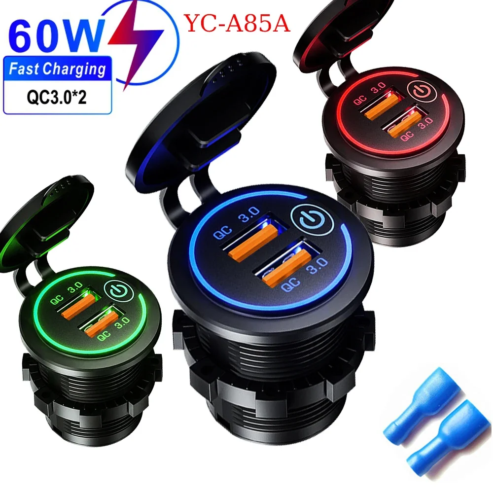 60W 2-Port USB Schnellladebuchse Steckdose Auto Modifiziertes Ladegerät QC3.0 mit Touch-Schalter für Auto-Motorrad-Zubehör