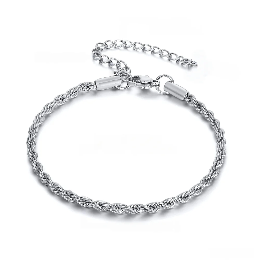 Punk Weibliche 3mm Twisted Seil Kette Armband Silber Farbe Edelstahl Kette Link Armbänder Für Frauen Männer Hip Hop schmuck Geschenk