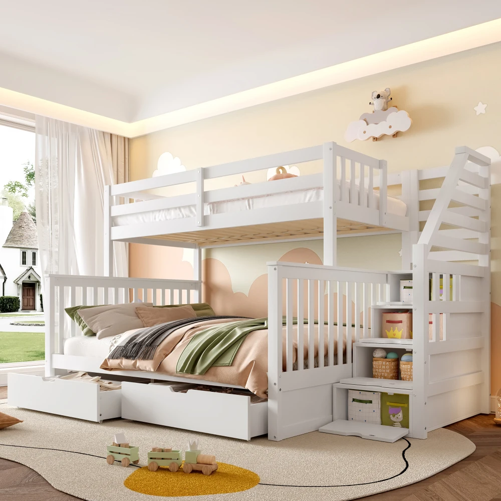 Modernes Schlafzimmer 90 x 200 über 140 x 200 Etagenbett mit Schubladen, Stauraum, ohne Matratze, multifunktional, Kinderbett