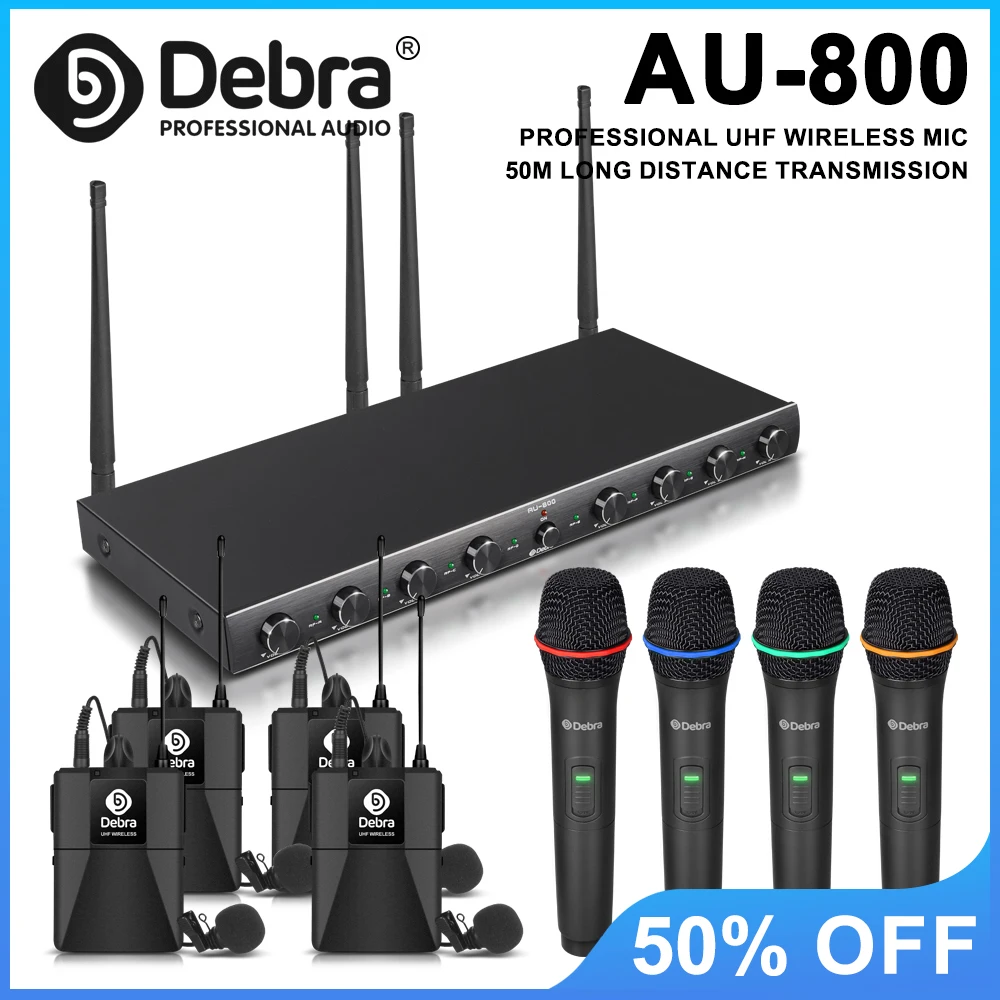 Debra AU800 Sistema microfonico wireless professionale UHF, microfoni palmari, lavalier e auricolari per palcoscenici, chiese, ecc.