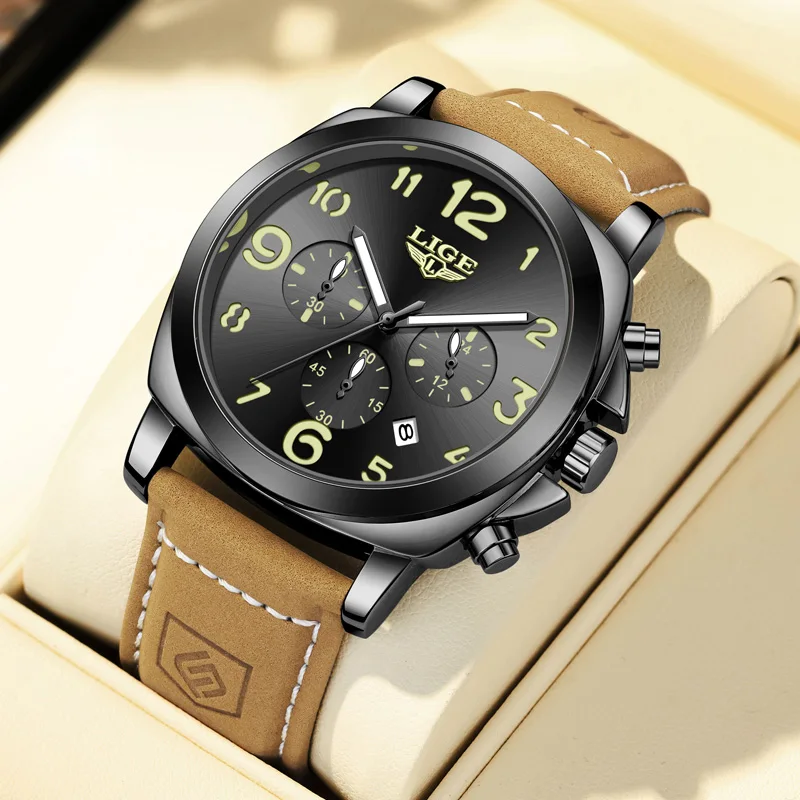 LIGE Luxus Herrenuhr Chronograph Wasserdicht Leuchtdatum Uhr für Herren Casual Leder Sport Militär Herren Quarzuhren + BOX Image