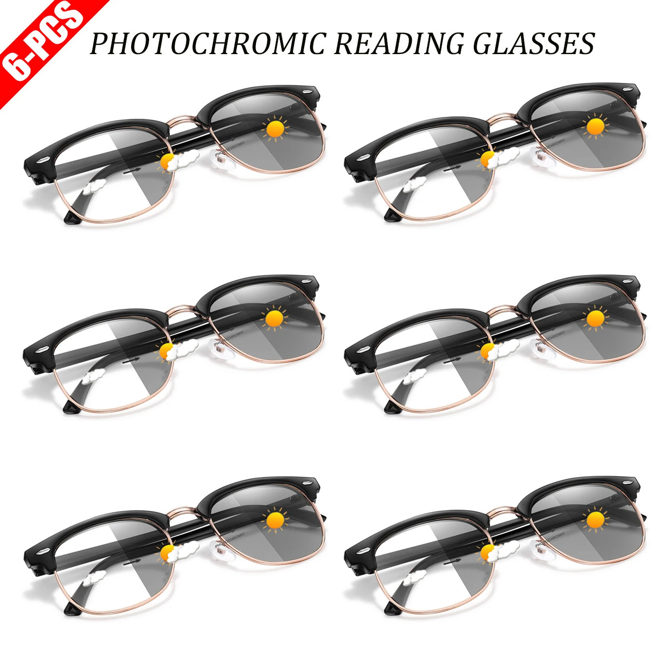 1 Paar/3 Paar/6 Paar photochrome Lesebrille Metall Halbrahmen Anti-Blaulicht Surf das Internet +150 +200 Image